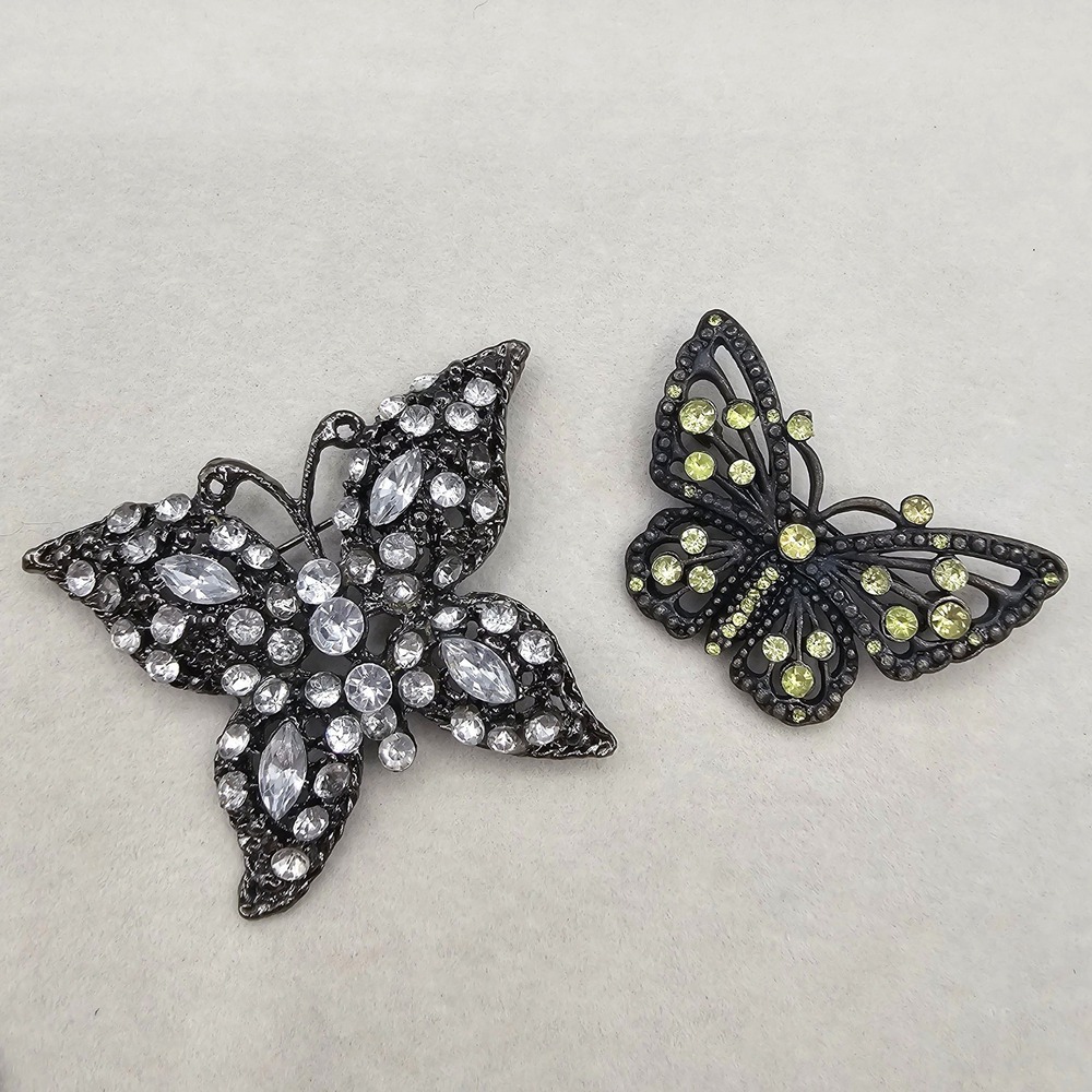 Rhinestone Butterfly Brooches Gunmetal Clear Lt Green/Yellow Whimsical Dark 2pc